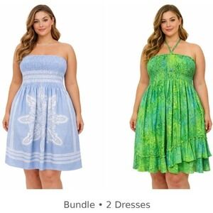 Pineapple Green Batik Halter & Blue Mandala Smocked Tube Dress Bundle Wom size L